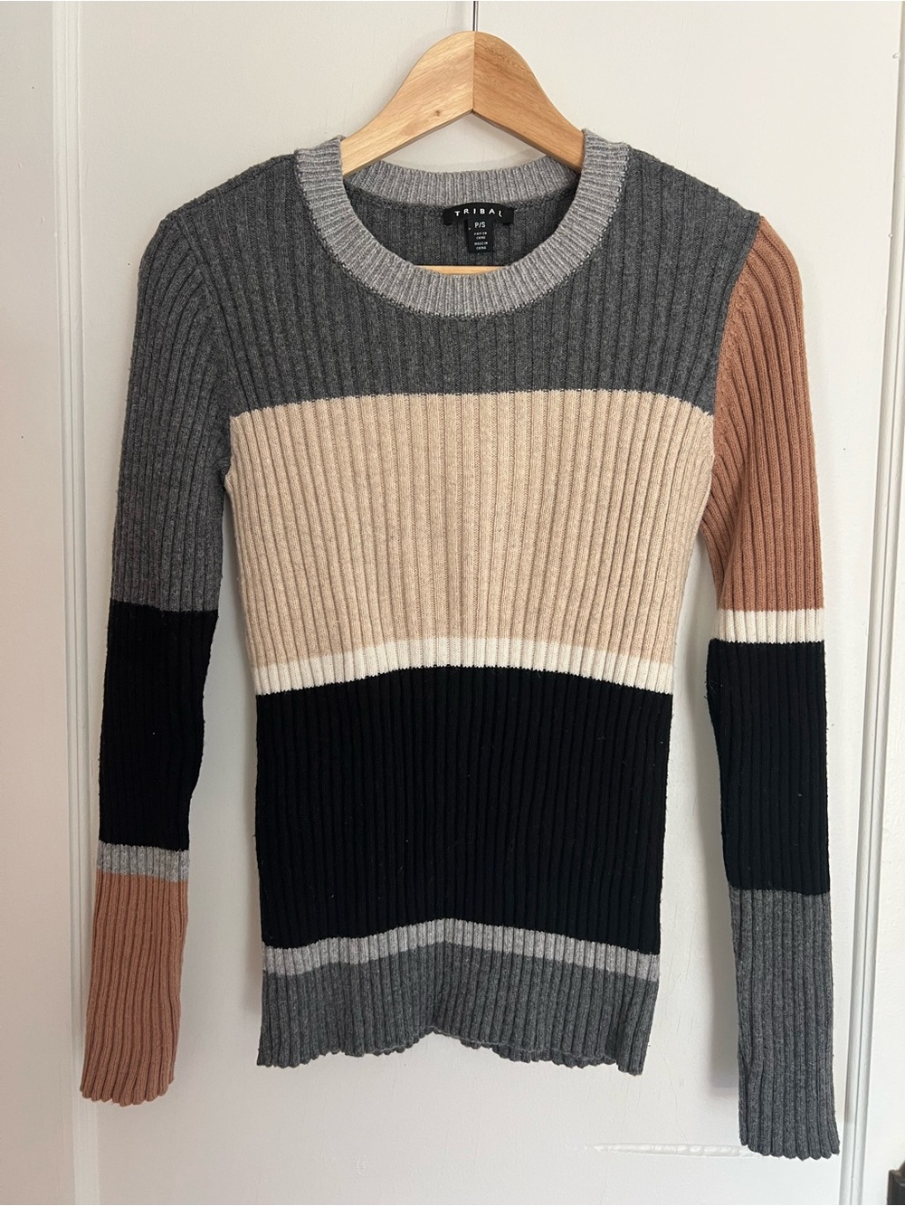 Tribal Ribbed Colorblock Crewneck Sweater - Gray, Beige, Black, Tan